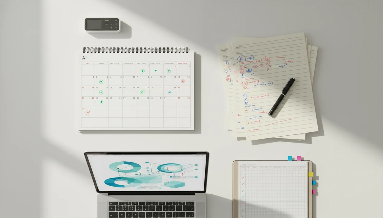 A tidy desk shows edited drafts, a calendar, and abstract analytics for a 30-day AI copy revision workflow.