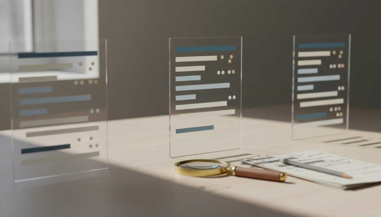 A desk still life shows abstract detector score cards beside drafts, a pencil, and a magnifying glass.