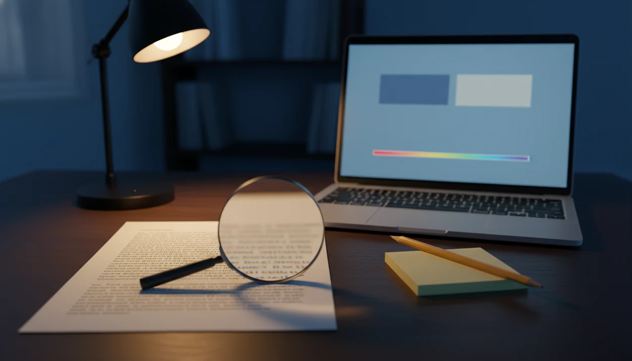 A blurred essay, magnifying glass, and laptop suggest careful review of an AI detector score.