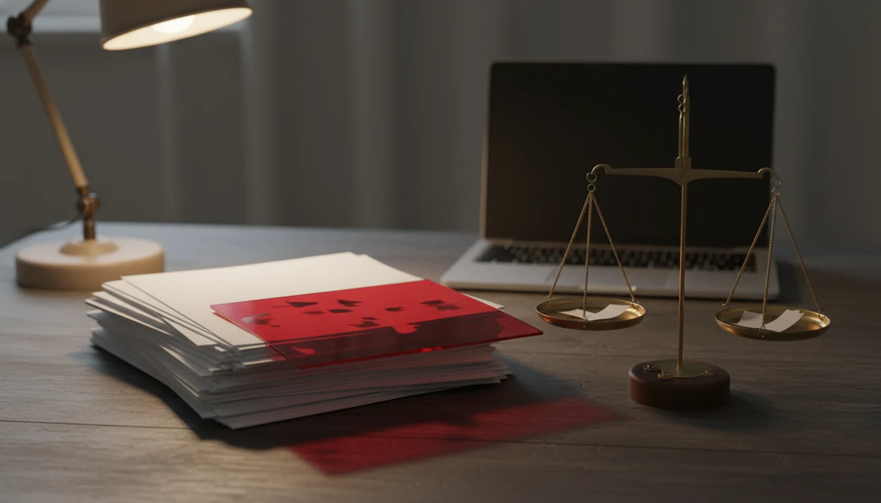 A desk still life shows essays, a scale, and a red shadow suggesting unequal AI detection judgments.