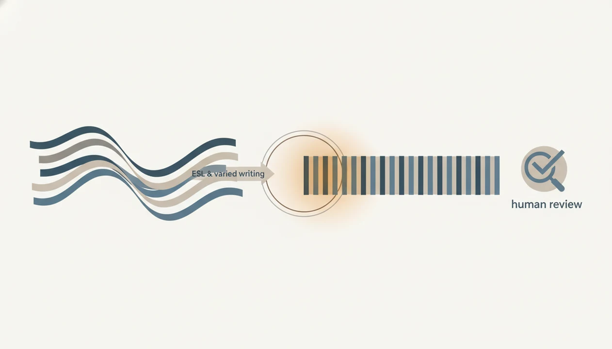 An abstract diagram shows two writing patterns passing through a detector, with one unfairly warned.