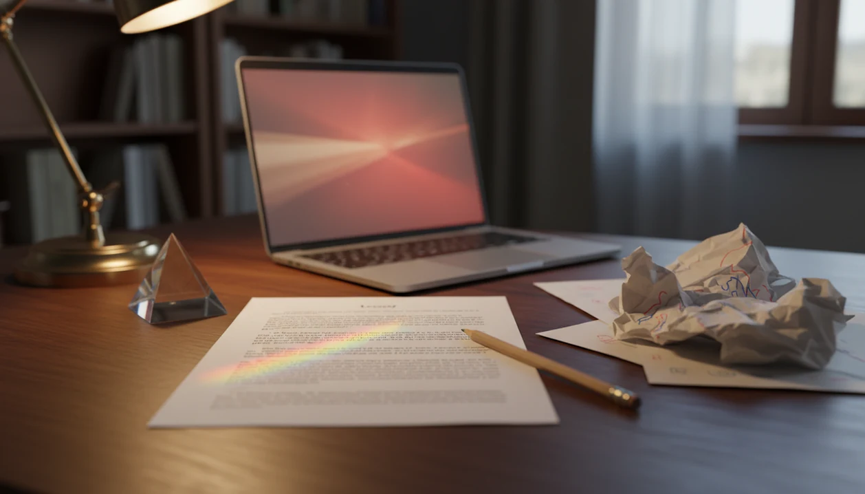 A blurred essay, drafts, and a warning-like screen glow suggest uncertainty around AI detector results.