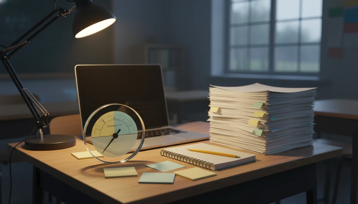 A desk with student papers and an uncertain gauge suggesting AI detector scores are not proof.