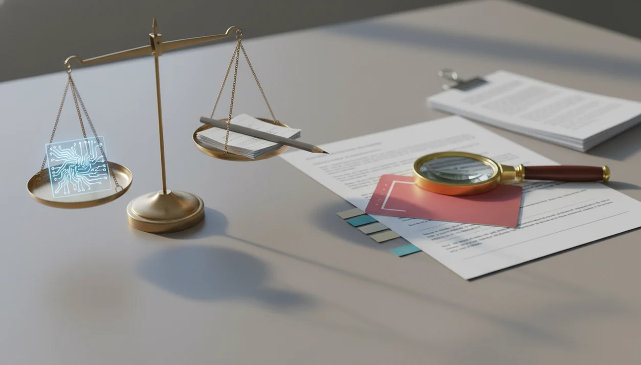 A balanced scale compares an AI signal token with drafts, notes, and review evidence on a desk.