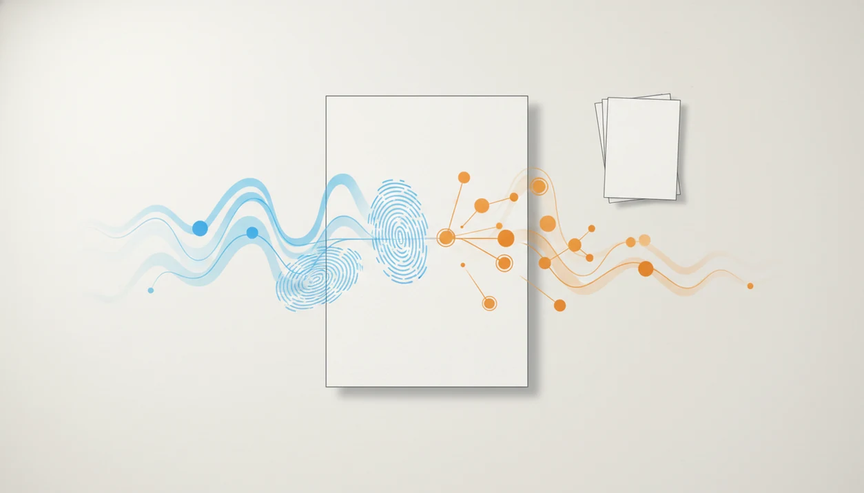 A document is compared by pattern signals on one side and source-matching links on the other.