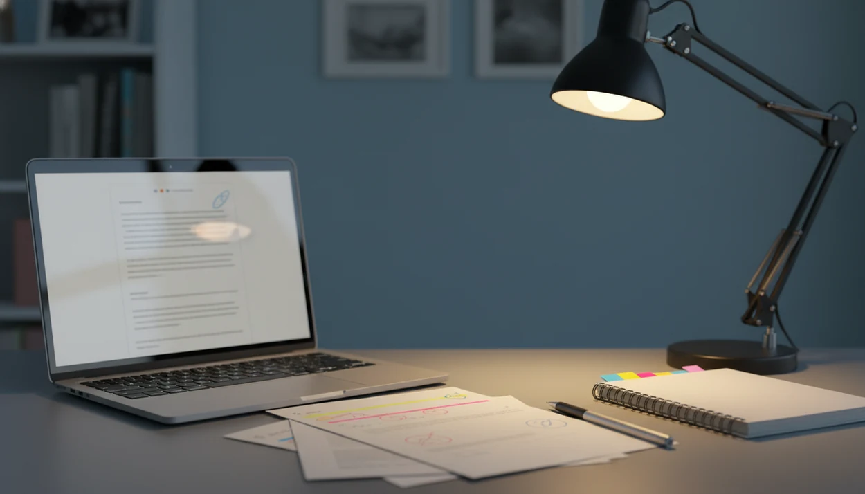 A student desk shows an essay draft, laptop, notes, and revision marks ready for an AI essay check.