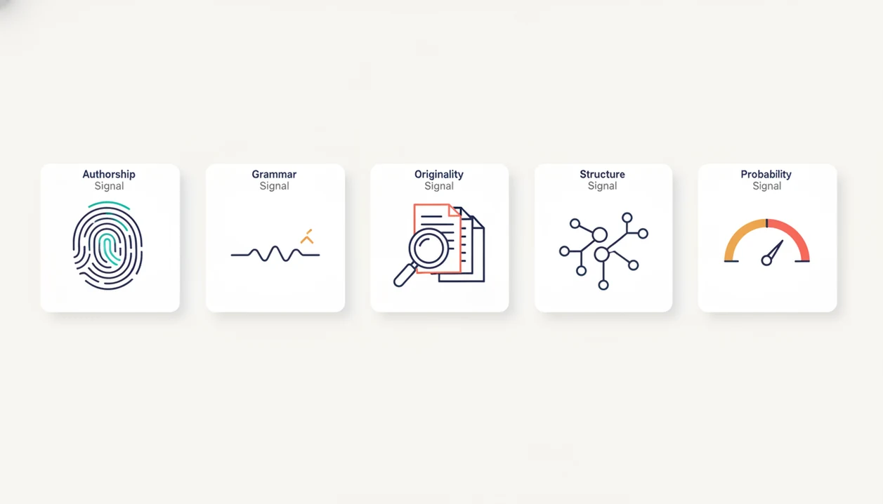 Five abstract cards represent AI signals, grammar, originality, structure, and probability checks.