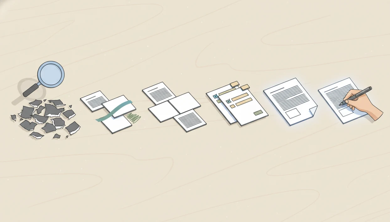 A staged paper timeline shows AI text moving from rough draft to polished human-reviewed copy.