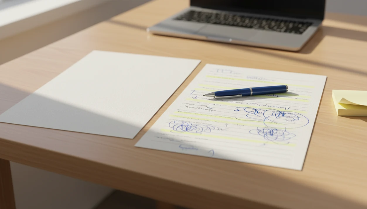 Two draft pages on a desk show a stiff original beside a highlighted and edited humanized version.