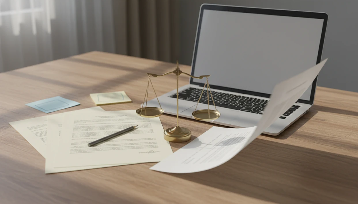 A desk with blurred documents, a laptop, and a balance scale suggesting responsible AI rewriting ethics.