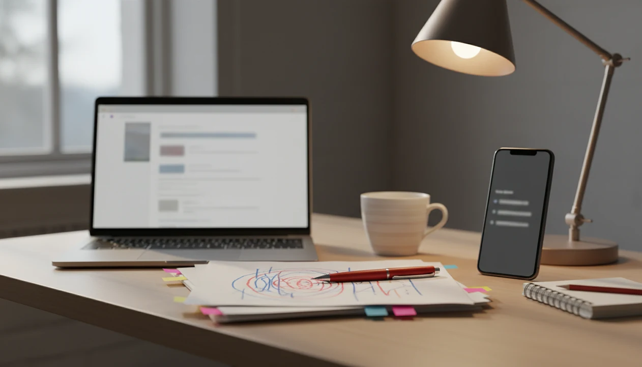 A freelancer desk shows blurred drafts, editing marks, and devices used to polish AI-assisted client work.