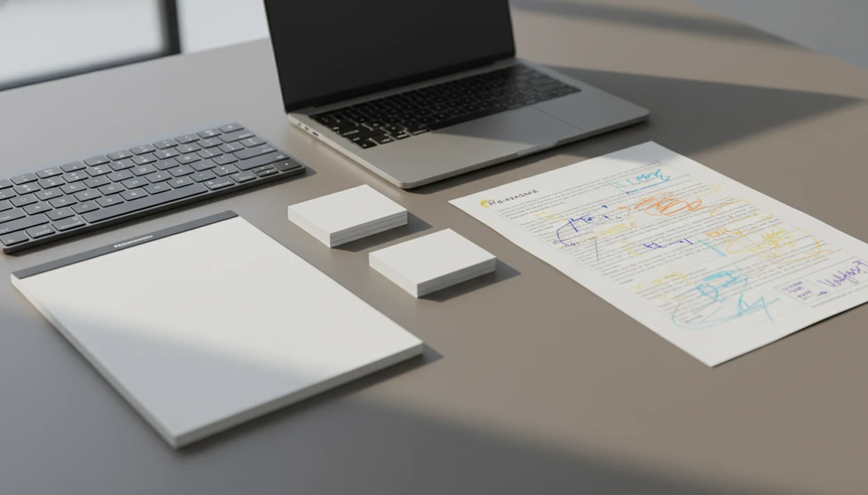A desk shows a blank drafting page beside an edited manuscript, illustrating AI writing versus rewriting.