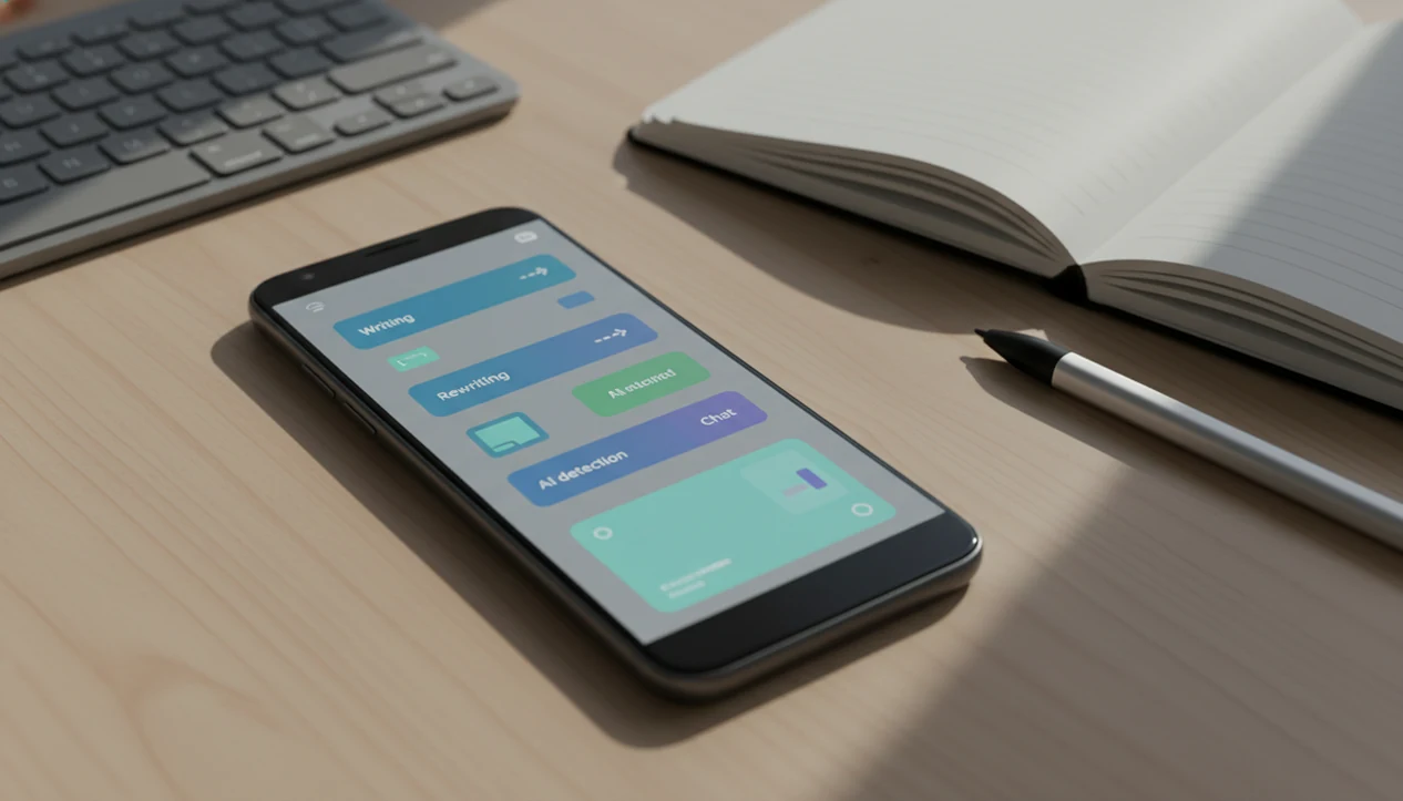 A generic Android phone on a desk suggests browser-based AI writing tools without showing readable UI.