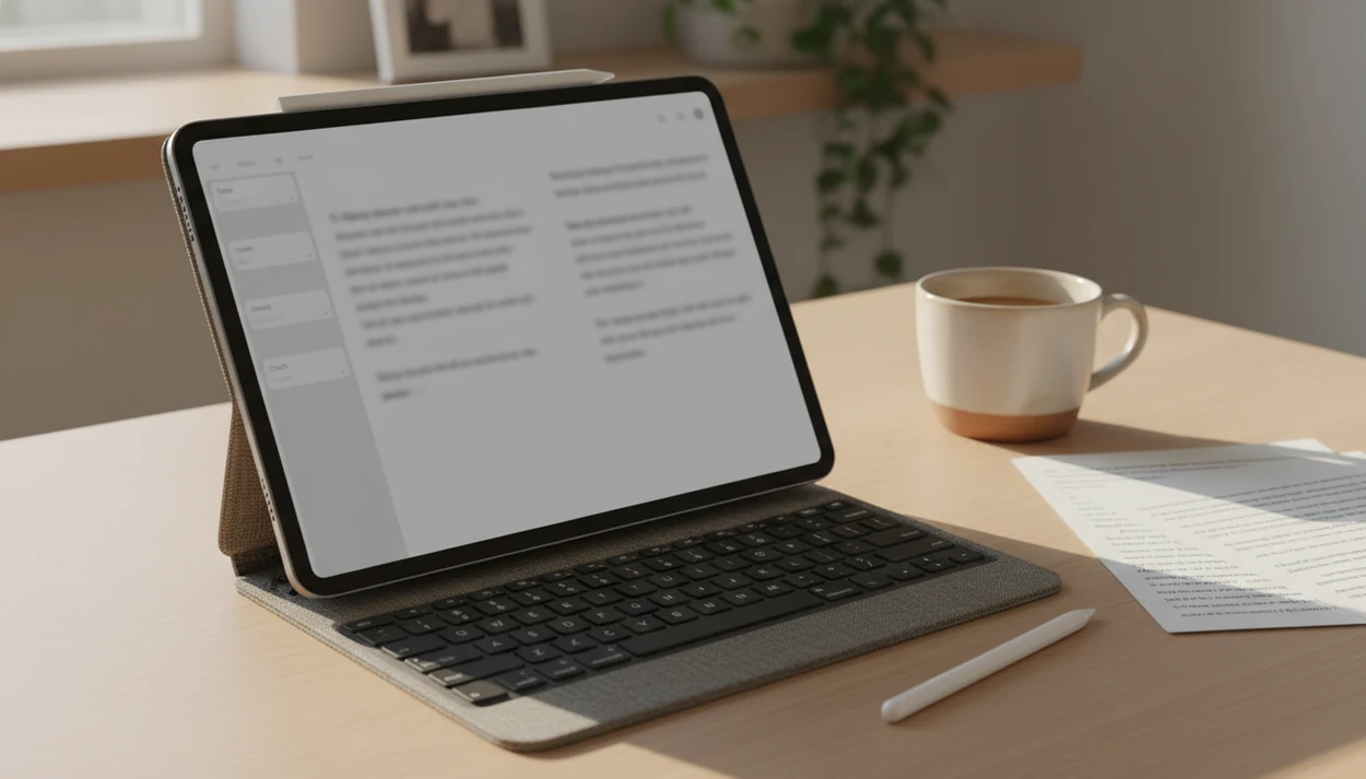 An iPad-style tablet on a keyboard case shows an unreadable writing workspace for drafting and revision.