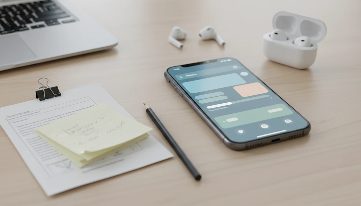 An iPhone on a desk with papers and abstract editing panels suggesting mobile AI writing tools.
