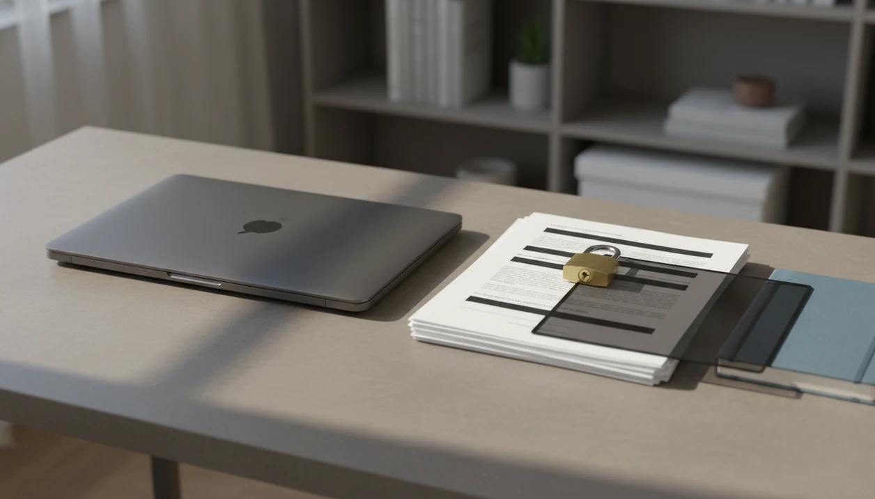 A laptop, redacted papers, and a padlock on a desk suggest careful AI writing app privacy checks.