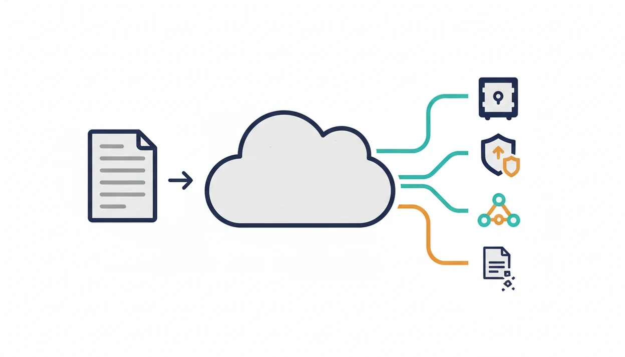 A clean diagram shows a document moving through cloud processing, storage, review, analytics, and deletion paths.