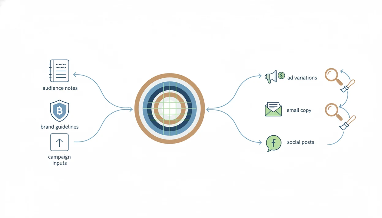 A simple diagram shows campaign inputs flowing through AI rewriting, review, and polished outputs.