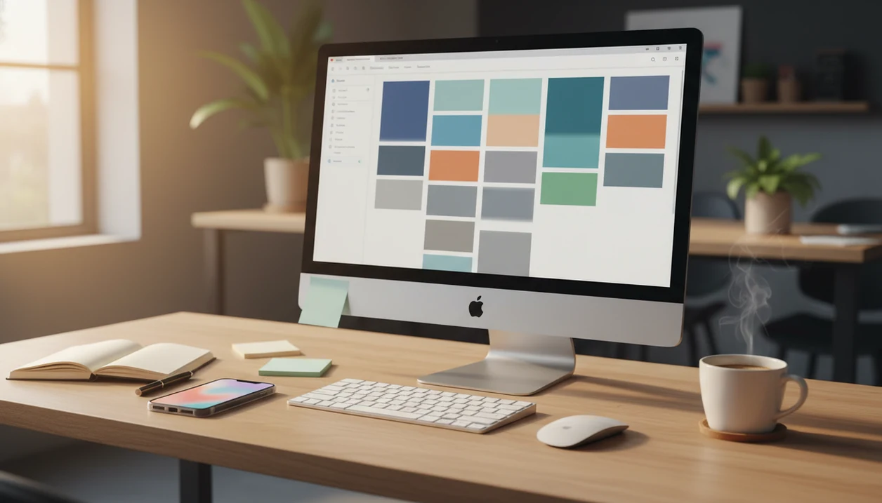 A marketer’s desk shows campaign drafts on a monitor with review tools and notes arranged nearby.