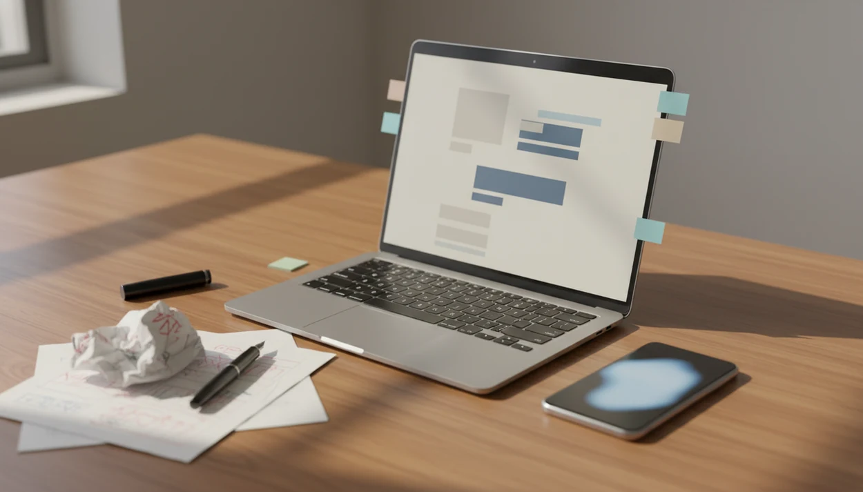 A laptop, paper draft, pen, and phone arranged as a unified AI writing workspace.