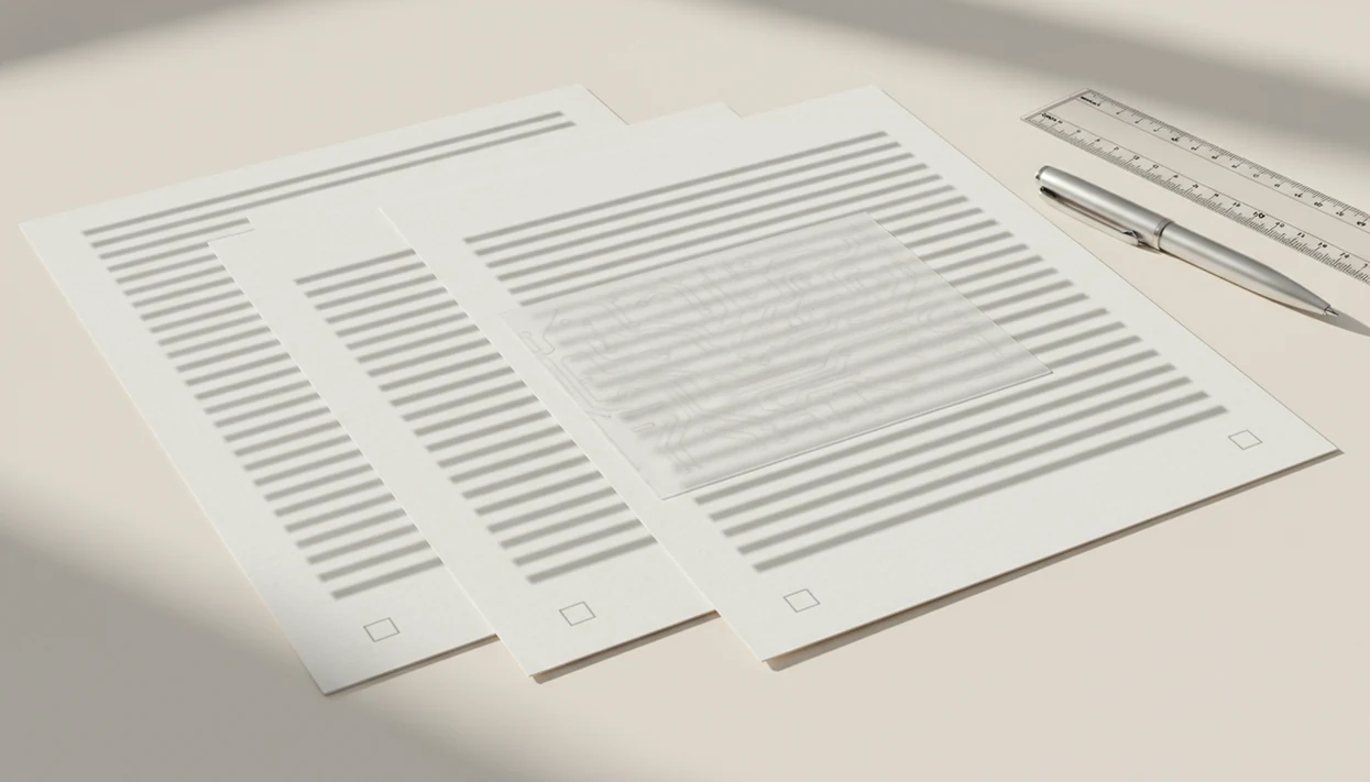 A desk still life shows disclosure documents, a pen, and a translucent AI-pattern sheet.