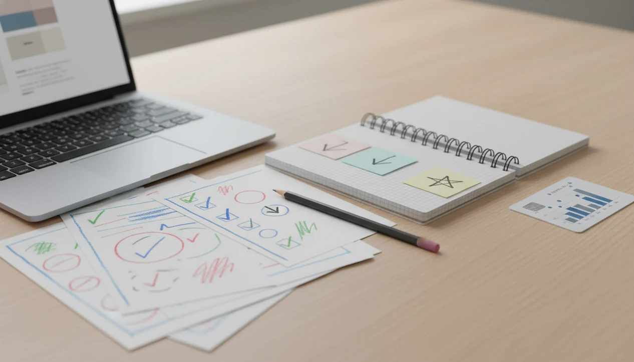 A tidy desk shows marked drafts, a laptop, notes, and simple metrics for an AI-assisted writing workflow.
