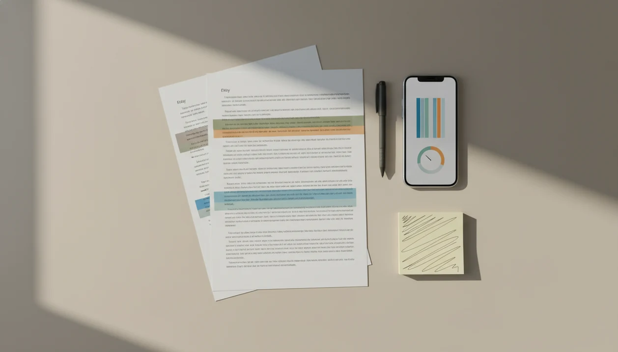 A desk flat lay shows an essay draft with highlighted passages beside a phone with abstract review graphics.