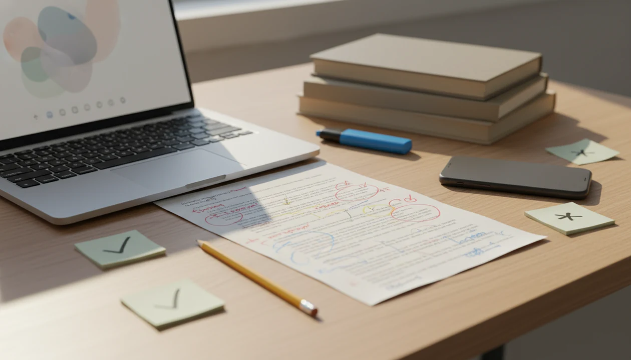 A student desk shows an annotated essay draft beside a laptop, phone, notes, pencil, and source books.