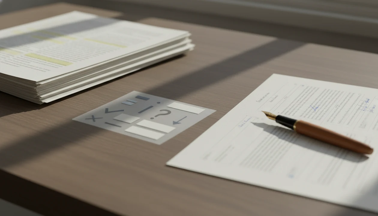 A desk shows an AI draft being carefully revised with notes, source cards, and a pen in soft natural light.
