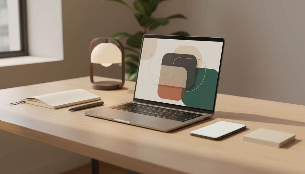 A clean desk setup with a laptop, phone, notebook, and writing tools arranged as one AI writing workspace.