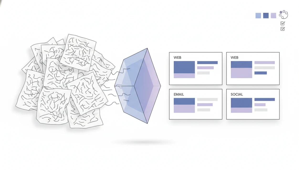 Messy draft pages are transformed into consistent on-brand marketing copy through a visual filter.