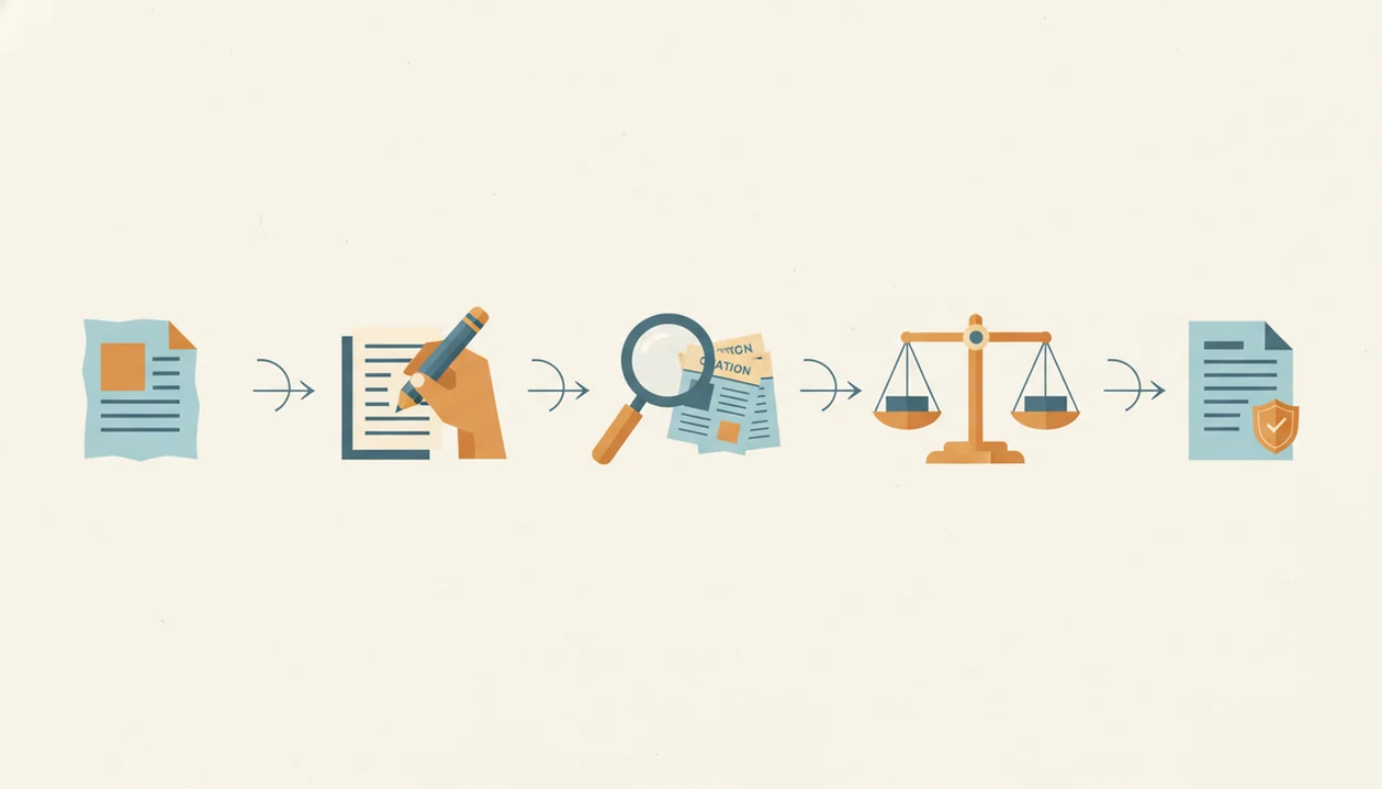 A simple diagram shows draft revision, human editing, fact checking, ethics review, and final approval.