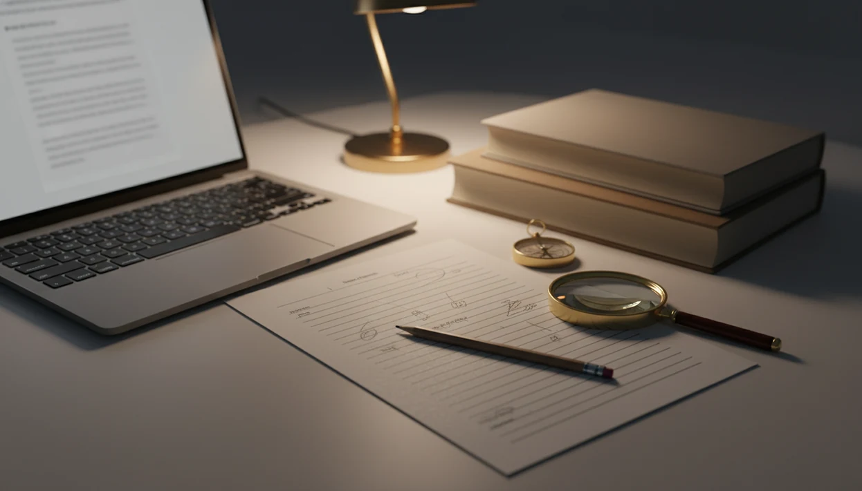 A revised draft, laptop, magnifying glass, and compass sit on a desk to suggest careful AI-assisted writing.