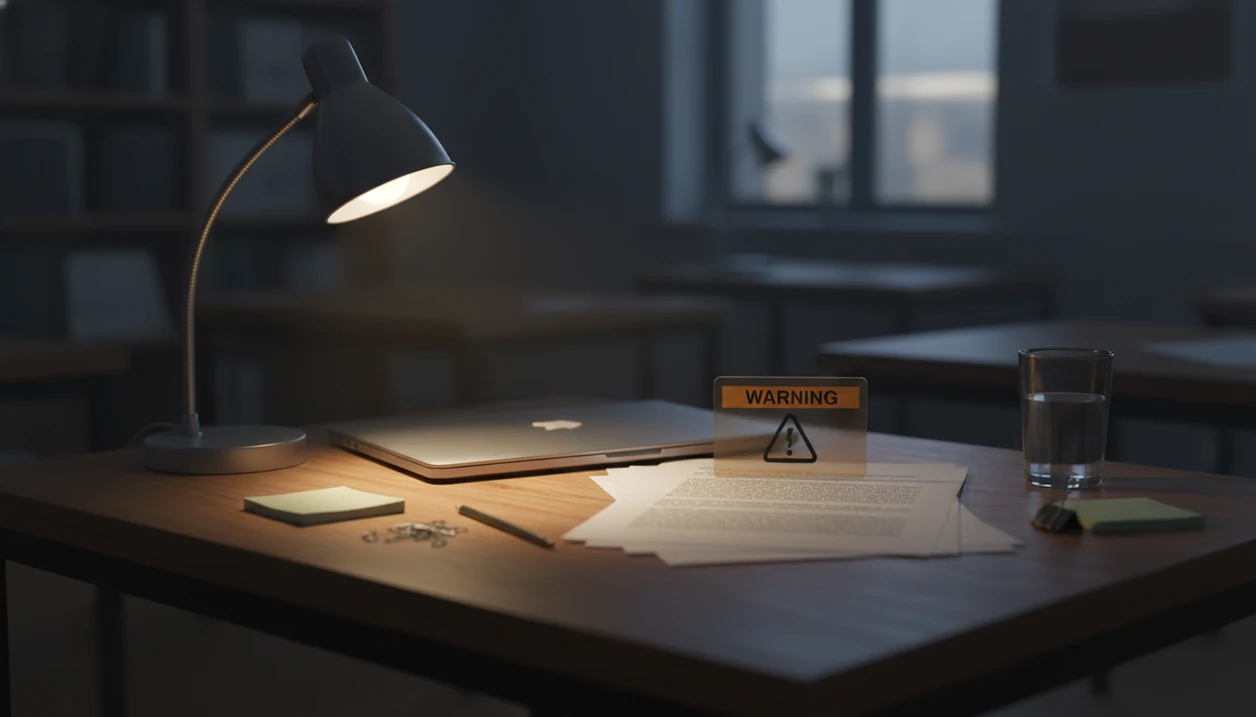 A blurred essay, laptop, and warning card on a study desk suggest an AI detector result under review.