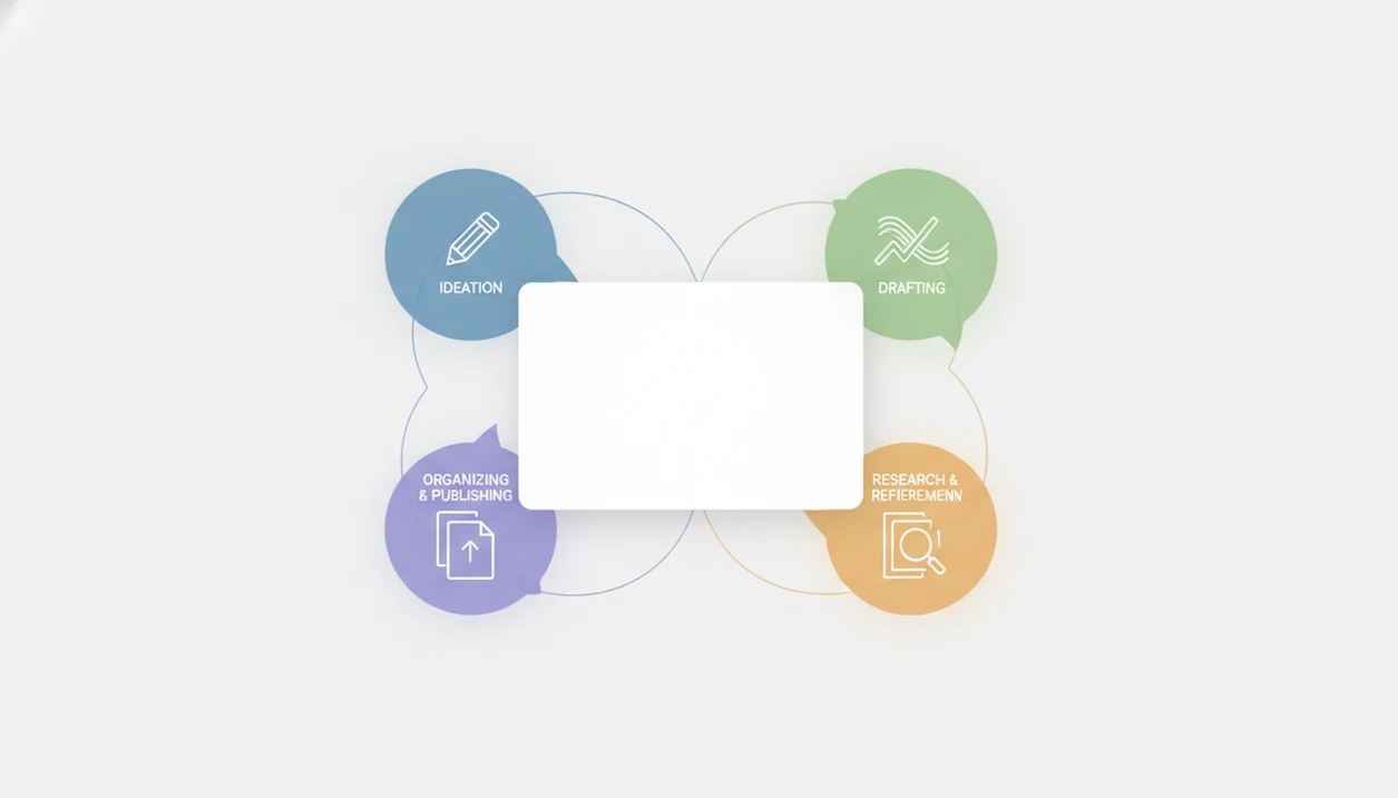 An abstract writing workflow shows chat bubbles, revision tools, and a blank draft page on a clean desk.