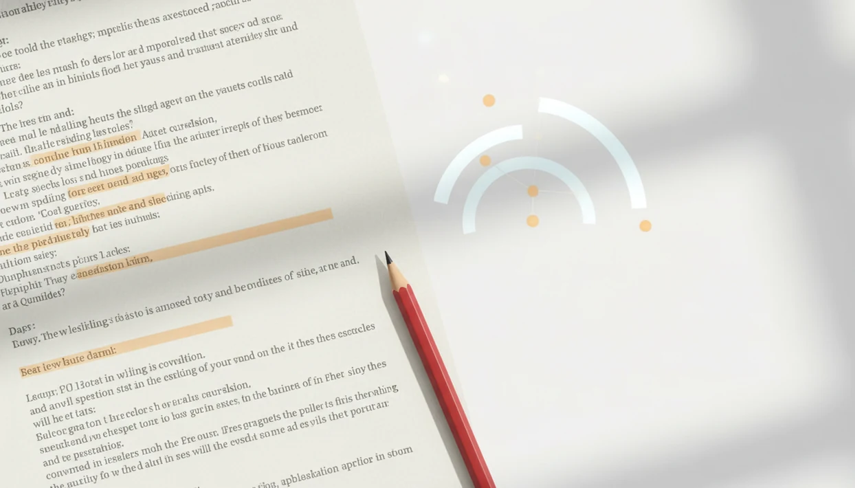 A draft document with highlighted passages, a probability gauge, and a pencil suggesting AI review.