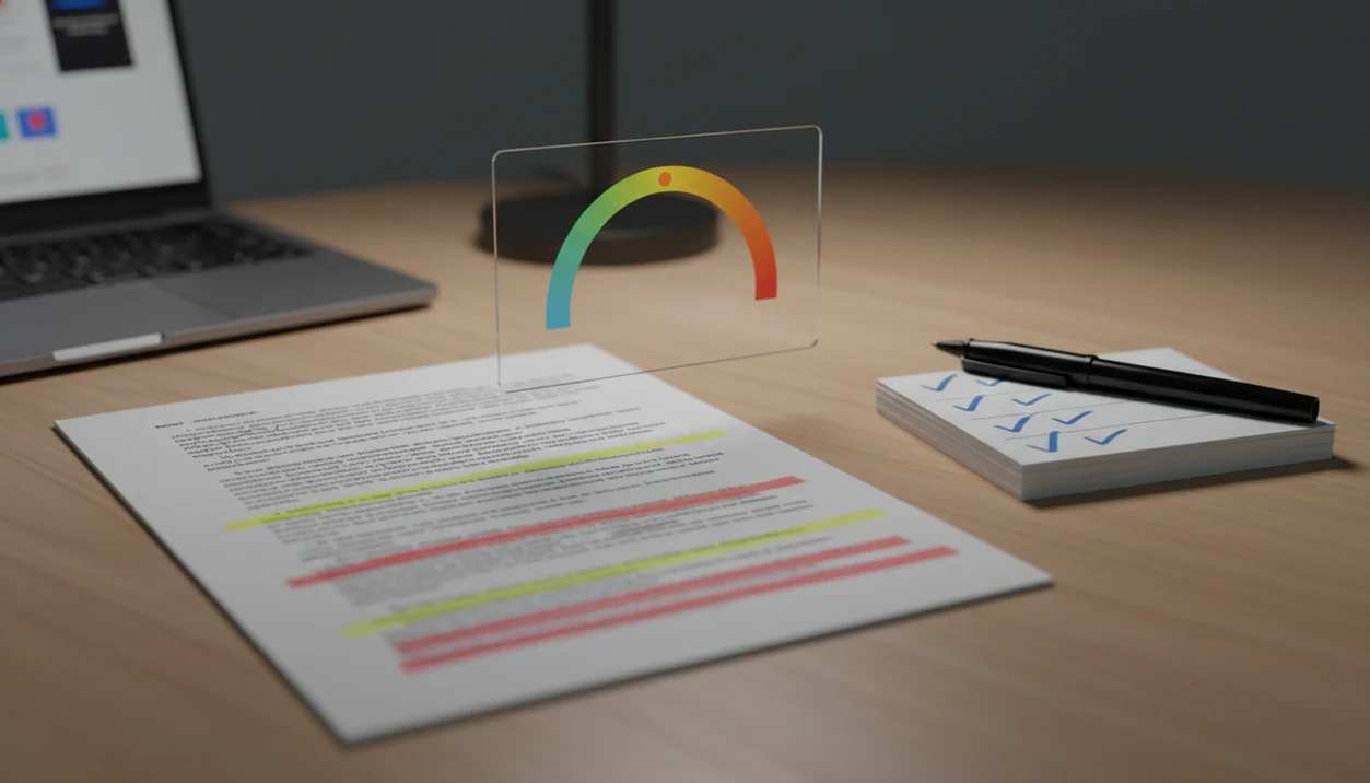 A highlighted draft on a desk is reviewed with an abstract risk indicator and revision notes nearby.