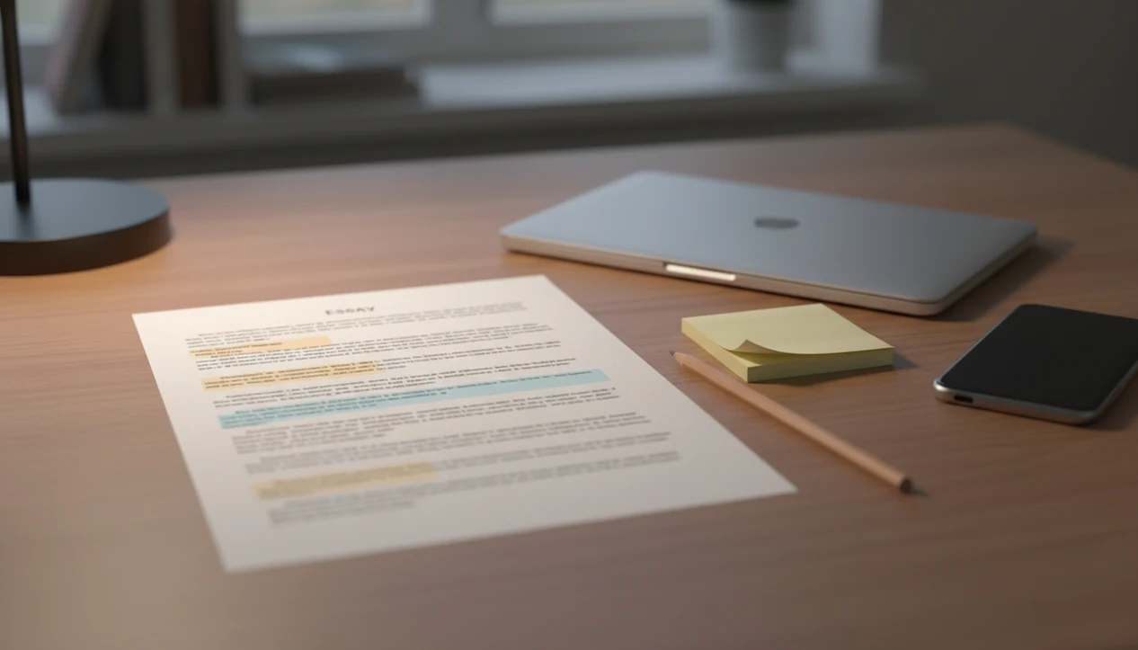 A blurred essay draft with highlighted sections sits on a quiet desk ready for careful revision.