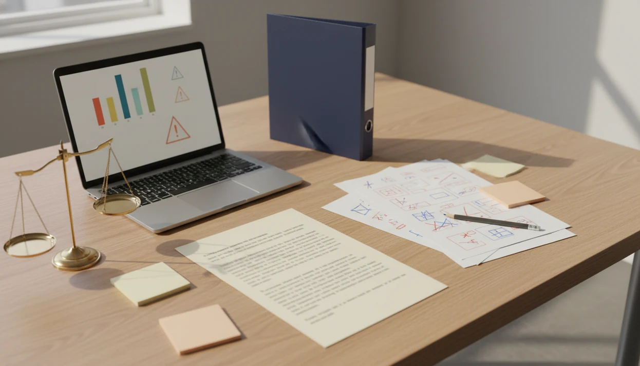 A university review desk shows drafts, an abstract AI score screen, policy binder, and balance scale.