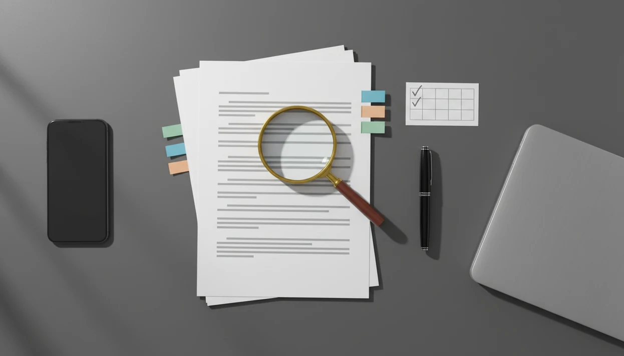 A desk flat lay shows draft pages, review tabs, a magnifying glass, and editing tools for originality checks.