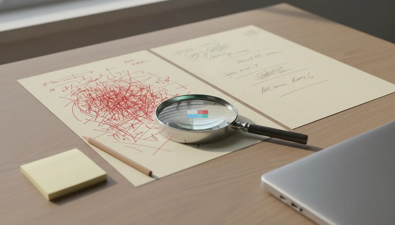 A revised manuscript sits beside abstract detector bars, suggesting human review of AI text.