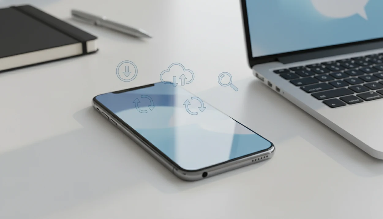 An iPhone and laptop on a desk with subtle icons suggesting download, sync, detection, rewriting, and chat.