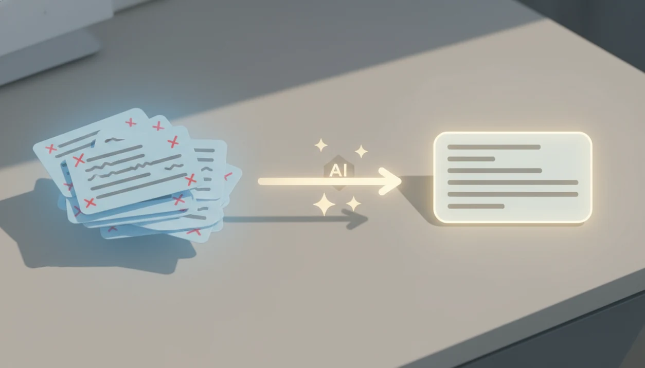 A rough email draft transforms into a polished message through an abstract AI rewriting flow.