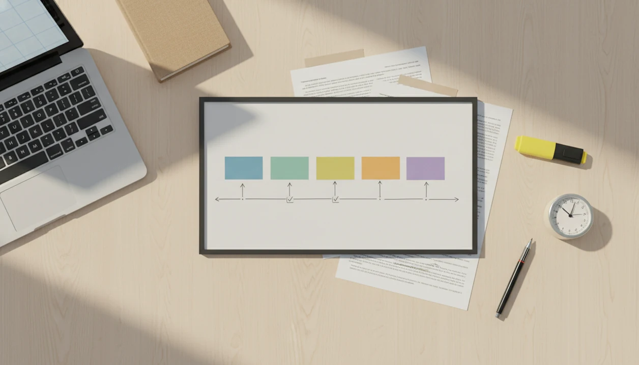 A desk shows a five-step essay revision plan with draft pages, blank cards, tools, and a laptop.