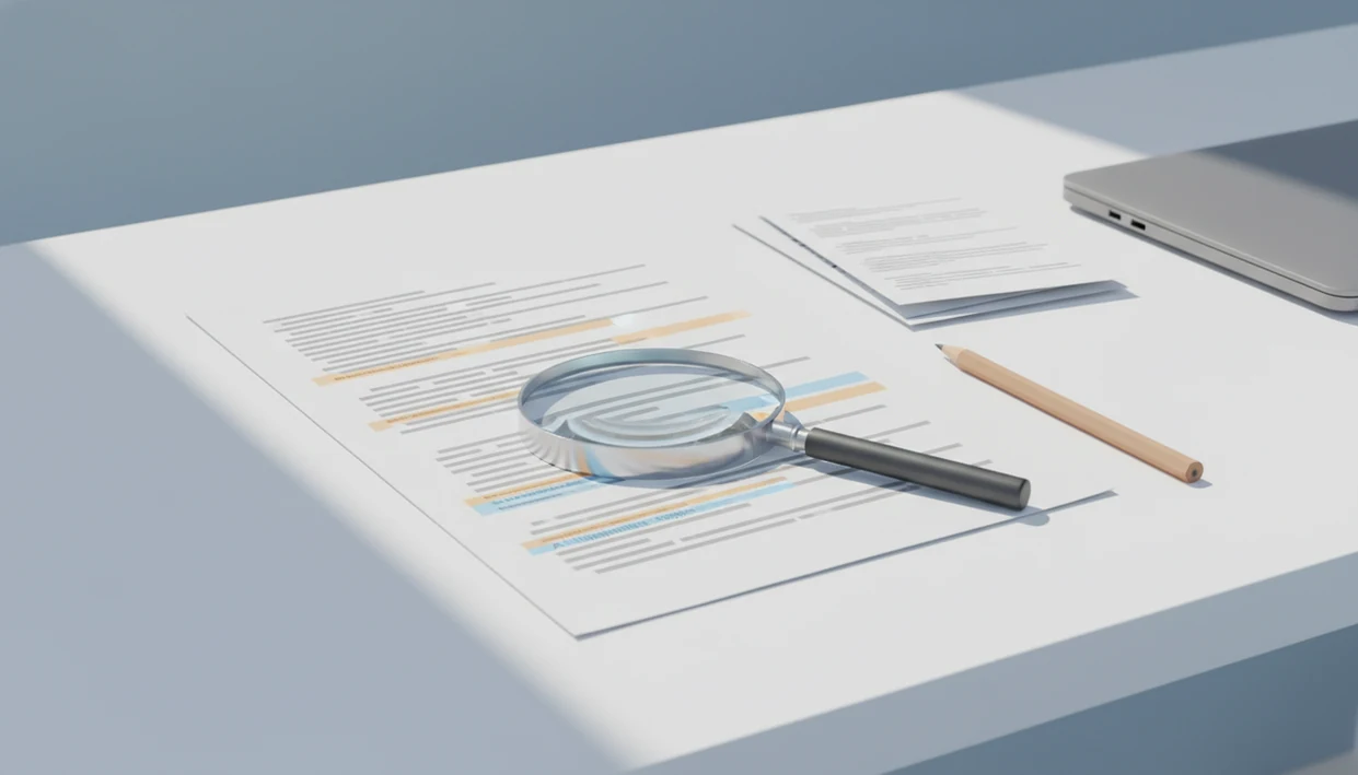 A draft page under a magnifying glass with highlighted passages suggesting an AI detection review.