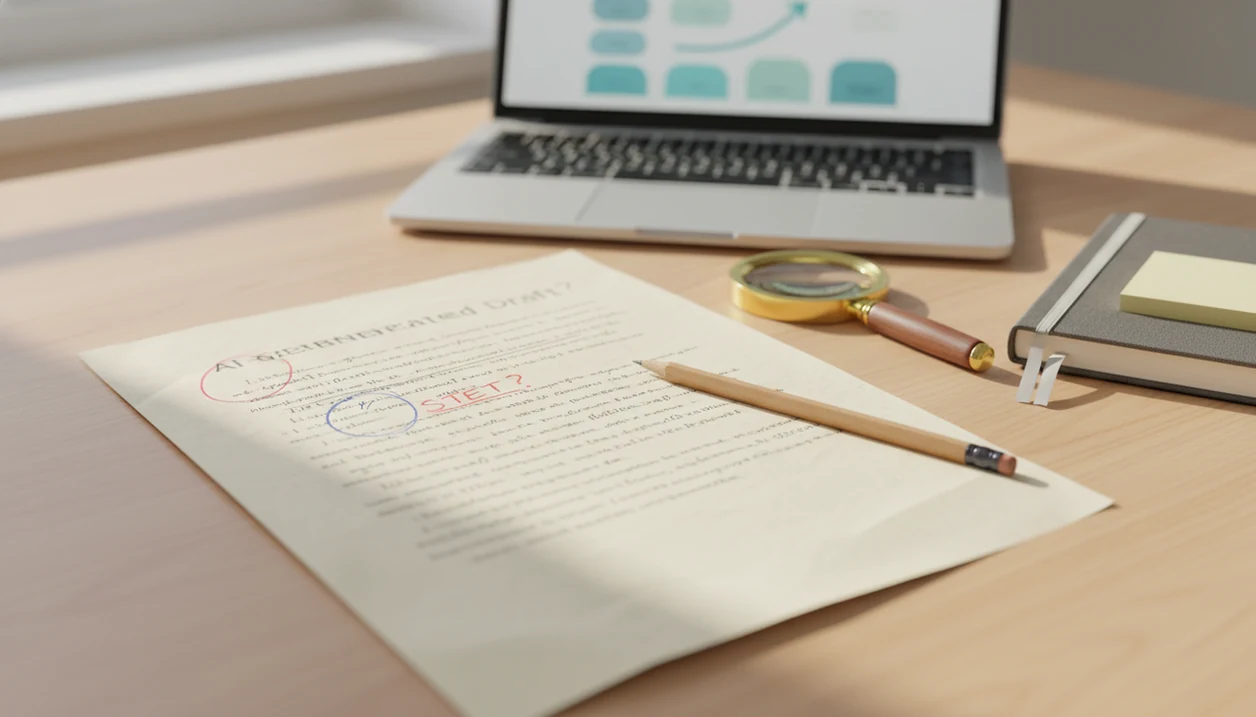 A desk scene shows an edited draft beside an abstract detector screen and revision tools.