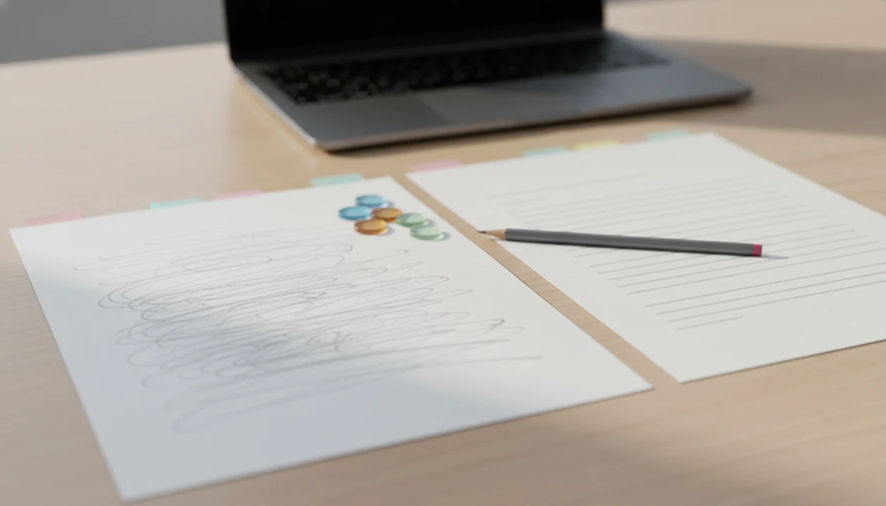 A rough draft and polished rewrite sit on a desk with review tokens and a pencil between them.