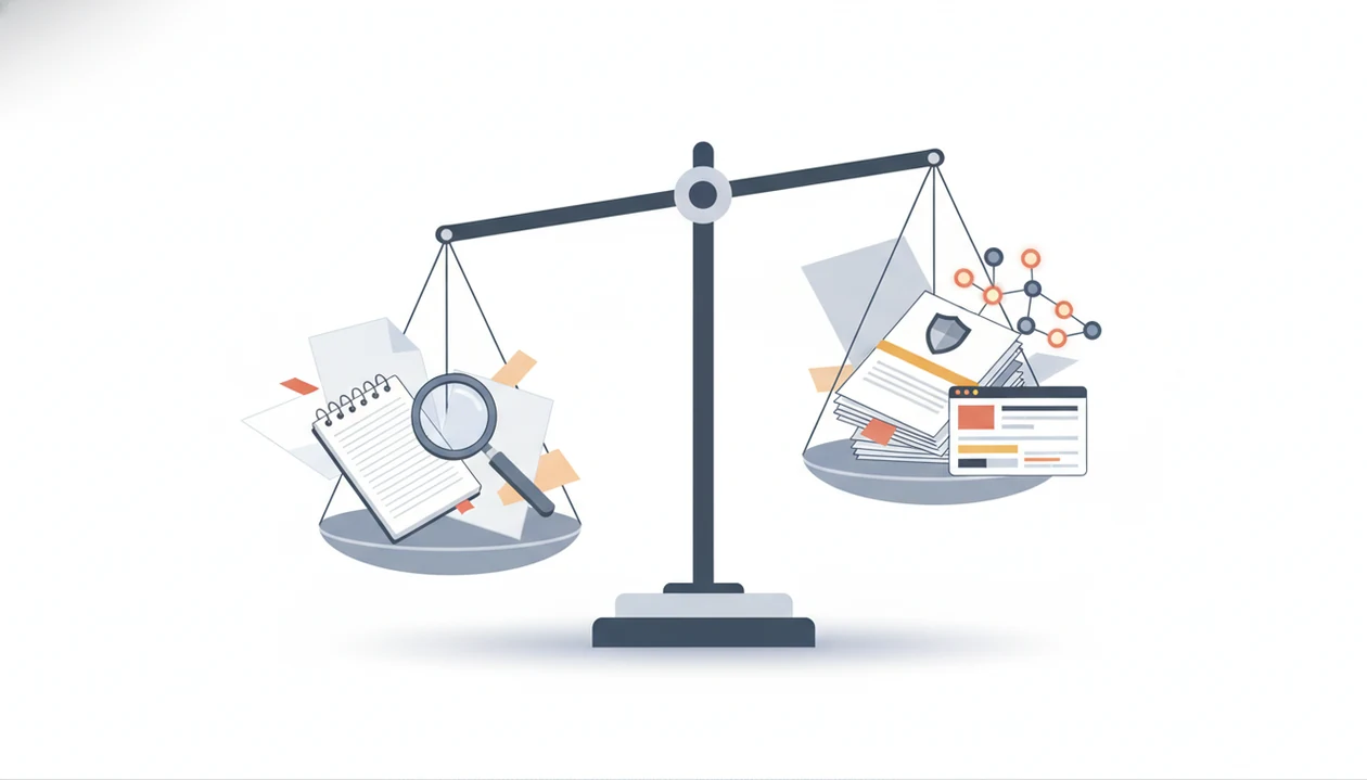 A balanced scale compares simple AI checking tools with more robust paid workflow features.