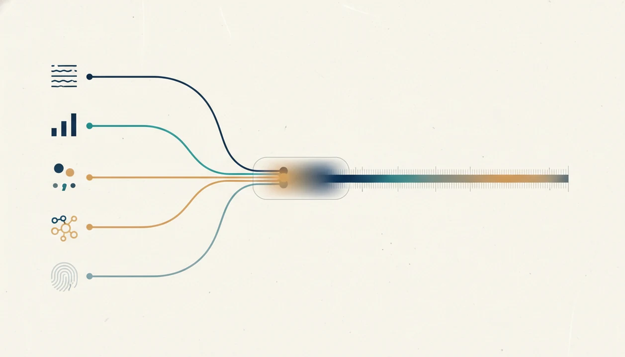 An abstract diagram shows several writing signals combining into a probability meter.