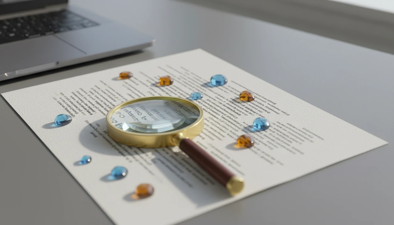 A magnifying glass examines an abstract manuscript with colored evidence markers on a desk.